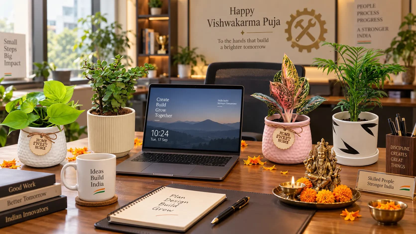 Vishwakarma Puja Office Decoration Ideas with Indoor Plants for a Positive Workspace